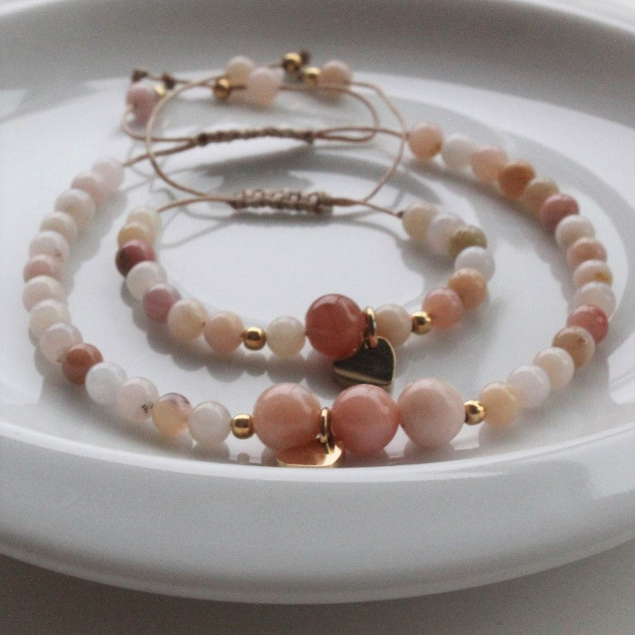 Armbånd, Mini & Me, rosa opal med gullforgylt sølv hjerte