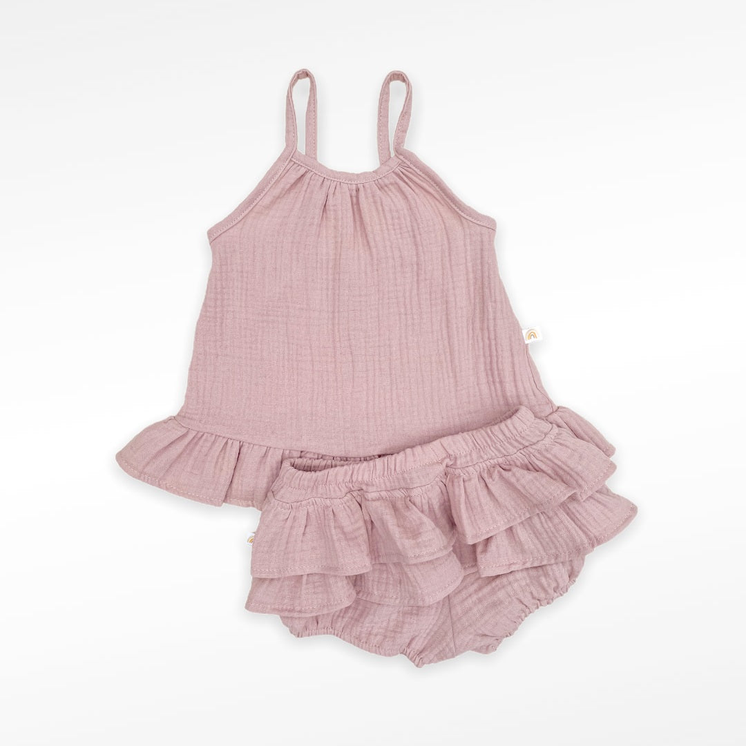Dress and bloomer set in organic muslin GOTS | old rose