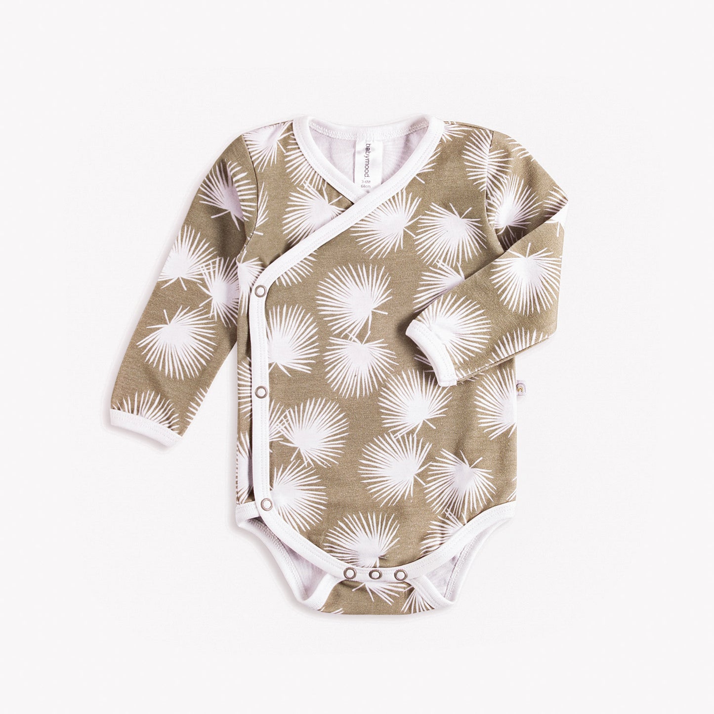 Wrap body med lange ermer, økologisk bomull GOTS, palme/brun