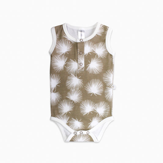 Onesie sleeveless, organic cotton GOTS, palm/brown