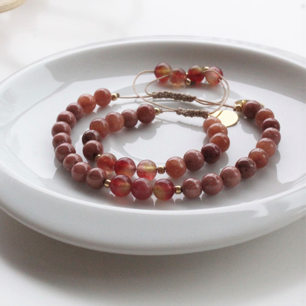 Bracelet, Mini & Me, red jade with gold-plated silver plate