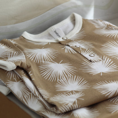 Short-sleeved jumpsuit, organic cotton GOTS, palm/brown
