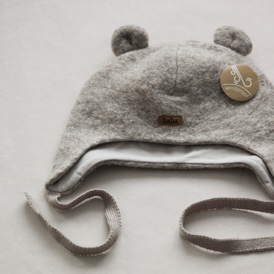 Wool hat with tie and ears | grey-beige